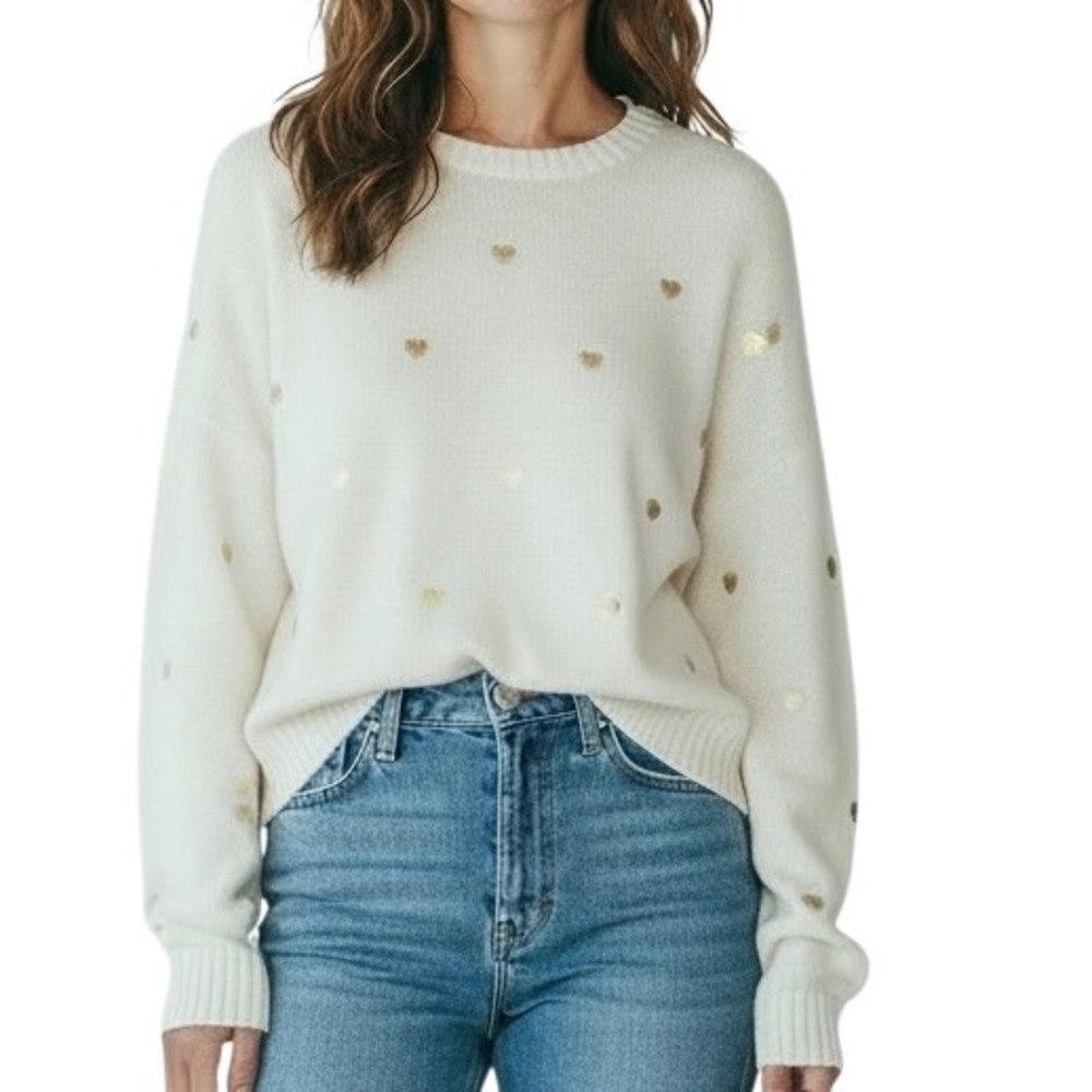 Francesca's Cream Gold Foil Heart Sweater XL ST21980 Cozy Boxy Valentine's day